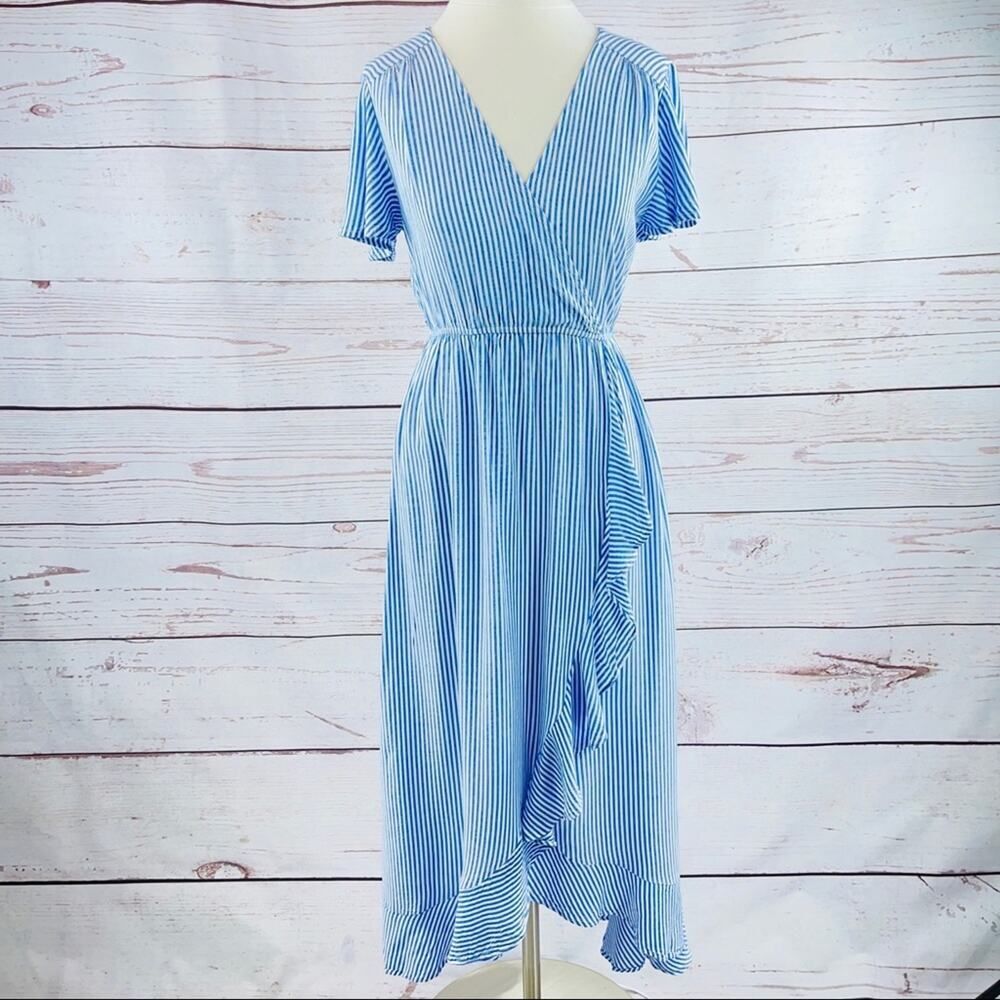Love Delirious Maternity blue white stripe dress cross front